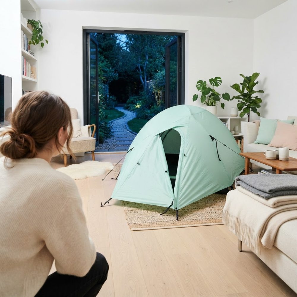 Mulher observa tenda azul clara montada em sala com porta aberta para jardim à noite