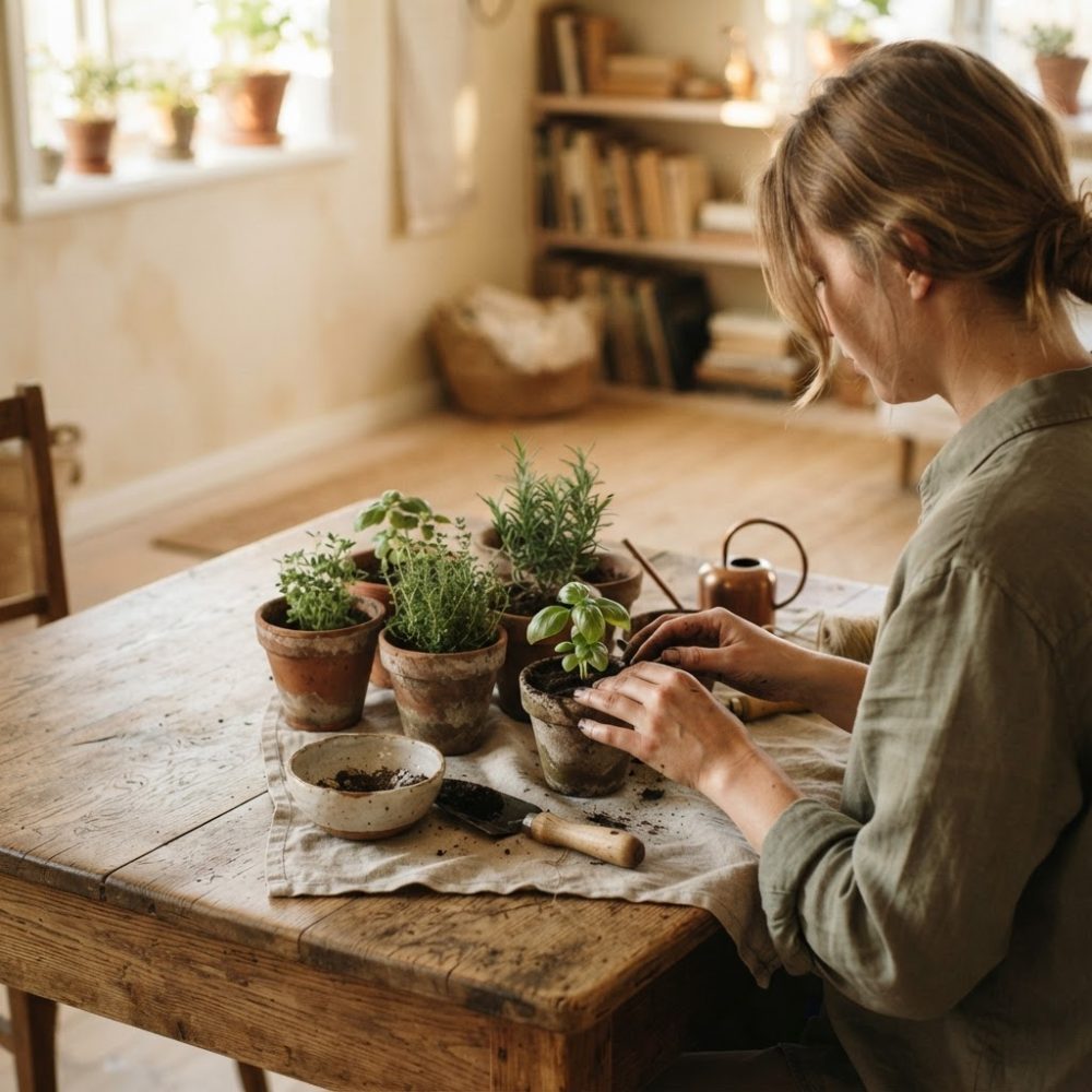 Mulher a plantar ervas aromáticas em vasos de barro numa mesa de madeira rústica