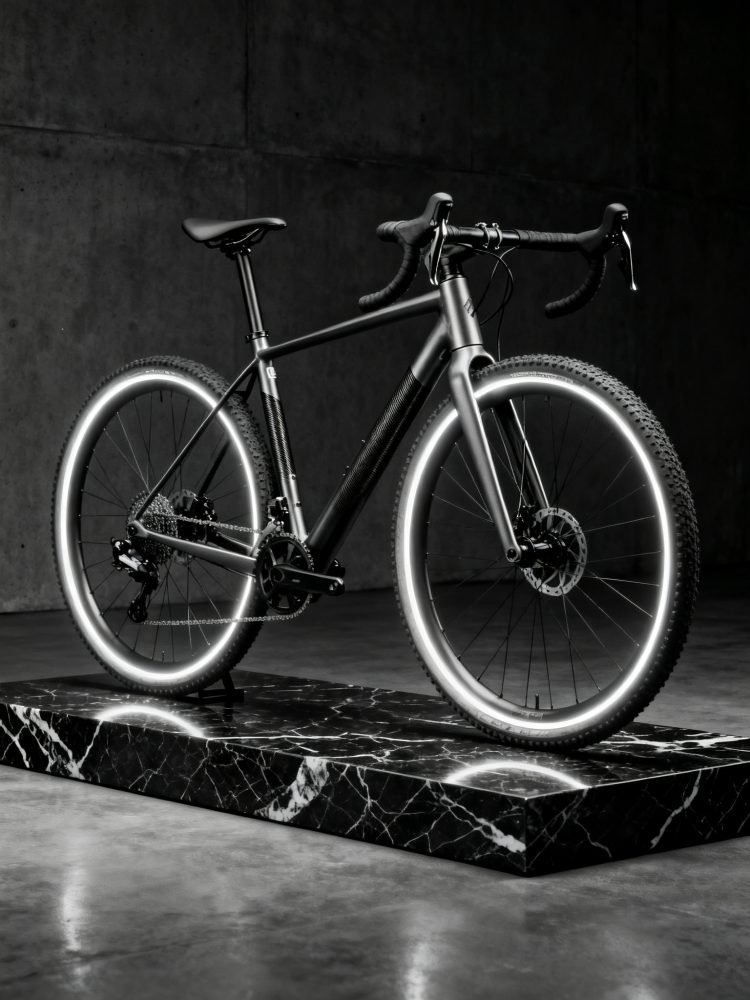 Bicicleta de estrada preta com guiador curvo e rodas iluminadas por luzes LED sobre base de mármore preto