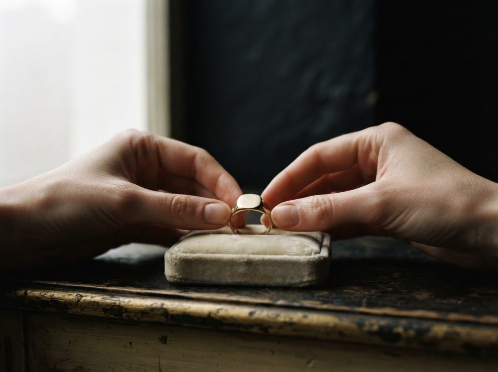 Mãos femininas seguram um anel de ouro clássico sobre uma caixa de veludo vintage