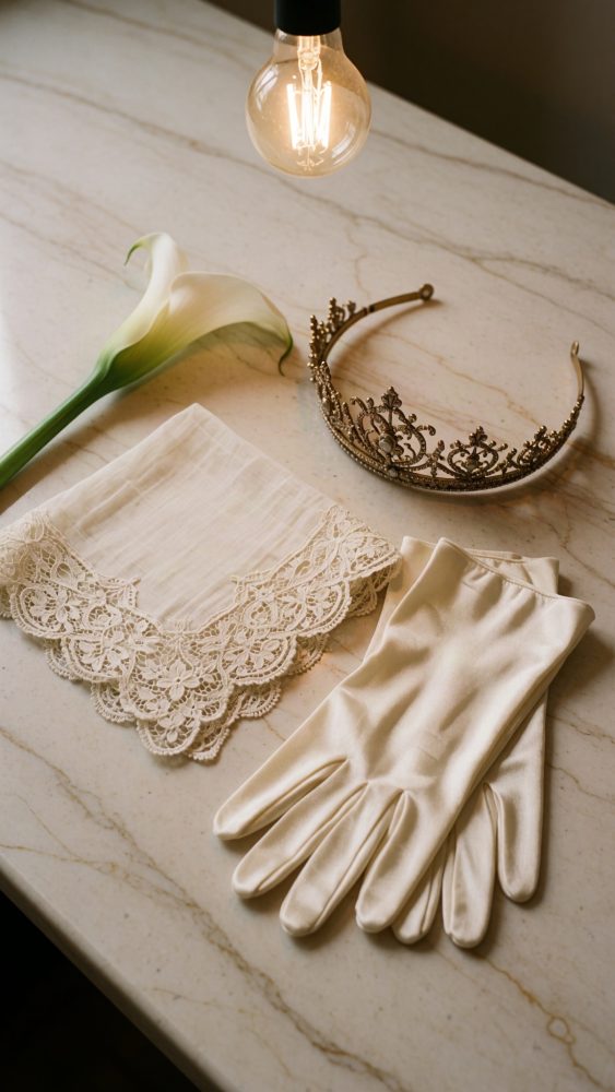 Acessórios de casamento dispostos no mármore: luvas de cetim, lenço rendado, tiara vintage e flor branca