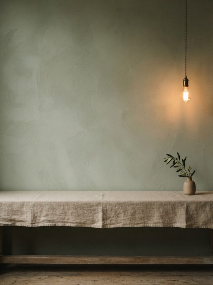 Superfície com tecido bege, vaso com planta e lâmpada pendente com luz quente