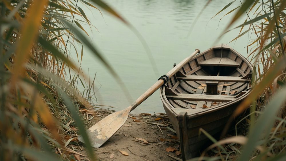 Barco de madeira com remo apoiado na margem de rio rodeado por vegetação