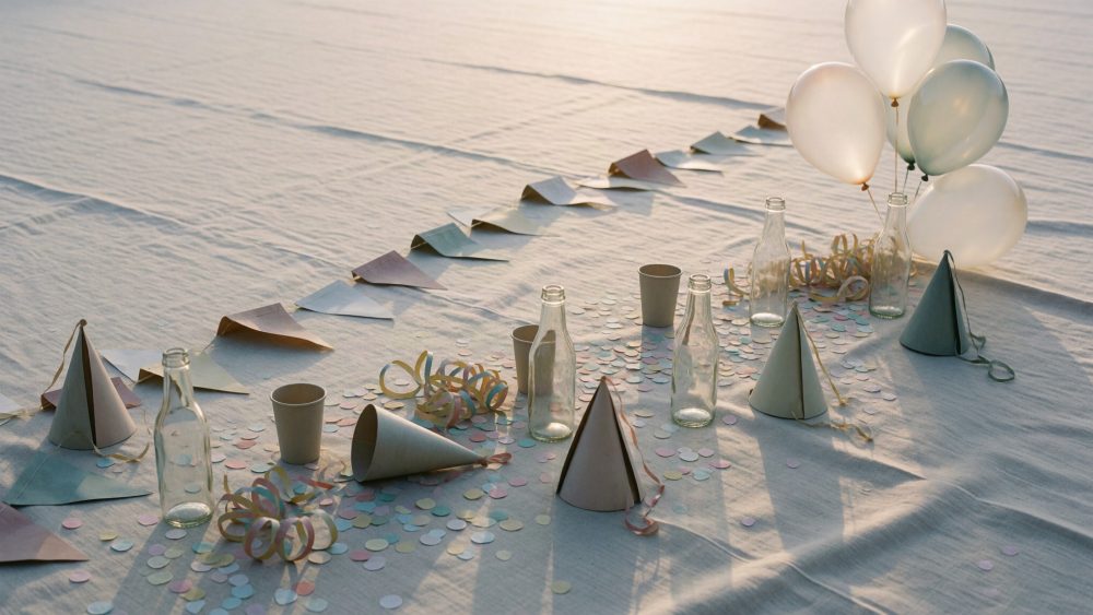 Mesa decorada com copos, chapéus de festa, confetes, serpentinas, garrafas de vidro e balões sobre toalha branca