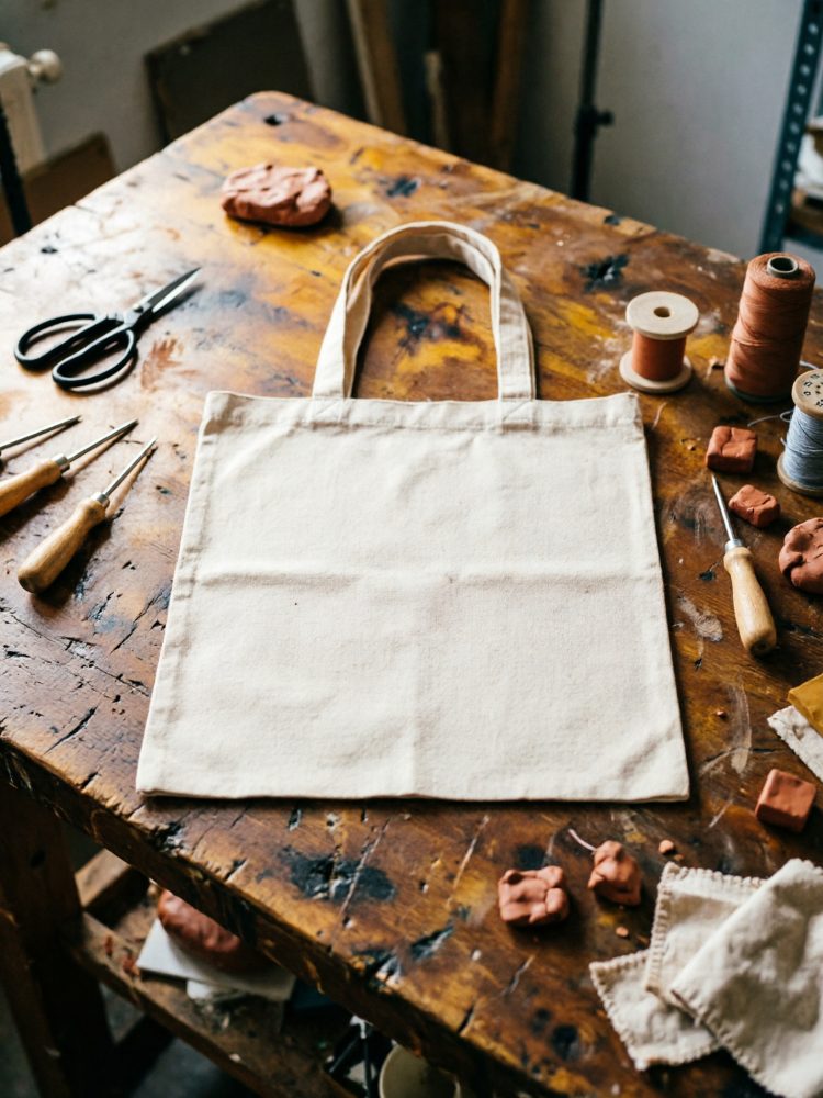 Saco de tecido branco sobre mesa de madeira com utensílios de artesanato à volta