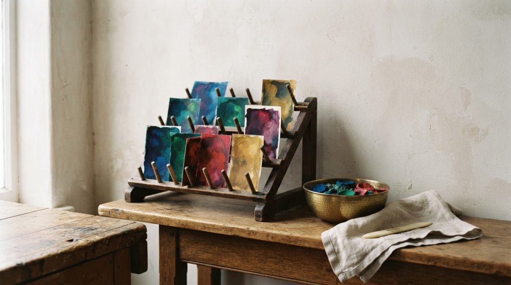 Suporte de madeira com cartões artísticos coloridos expostos sobre mesa rústica junto a bowl com pigmentos