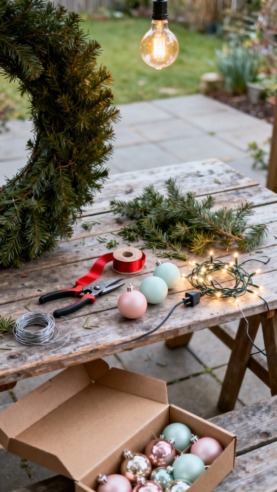 Mesa rústica com decoração de Natal, grinalda, bolas coloridas, fita vermelha, alicate e luzes acesas