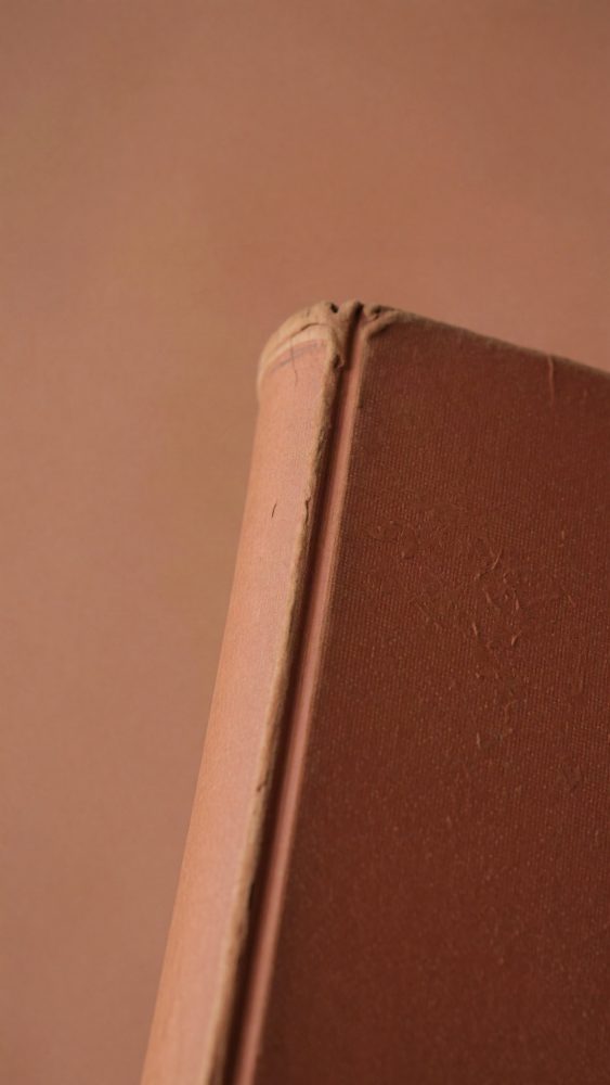 Livro antigo castanho com capa dura e bordas desgastadas em fundo castanho