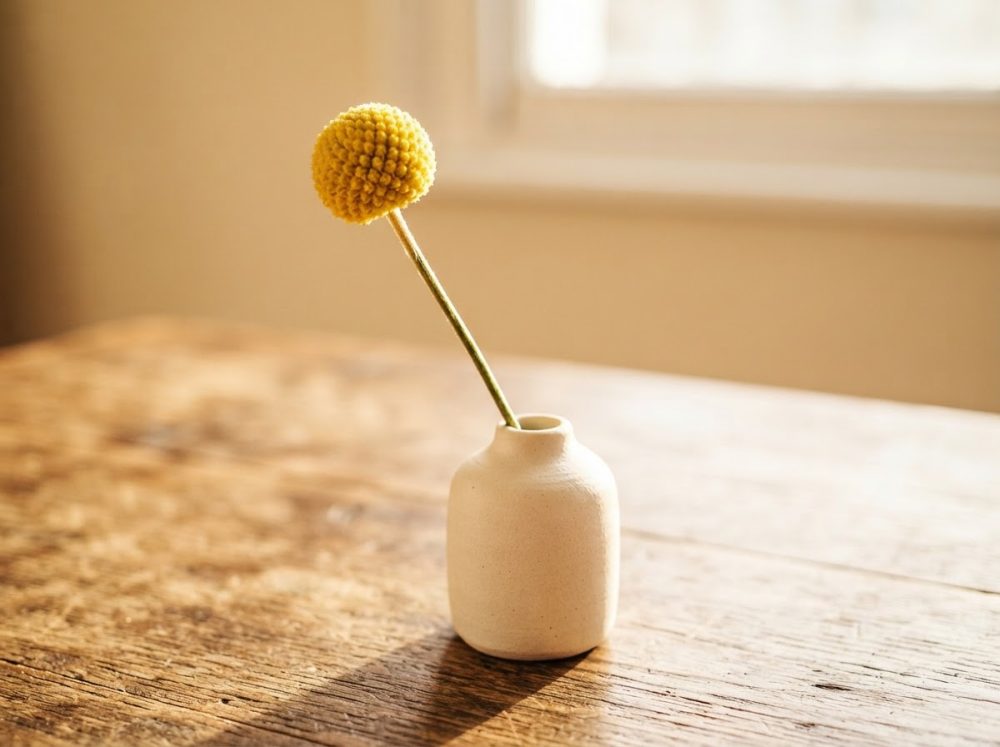 Flor amarela esférica num vaso branco pequeno sobre mesa de madeira