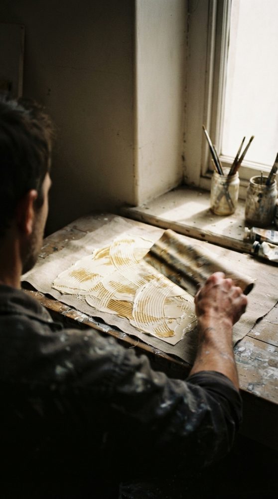 Artista de costas a pintar obra abstrata com espátula perto de janela com luz natural