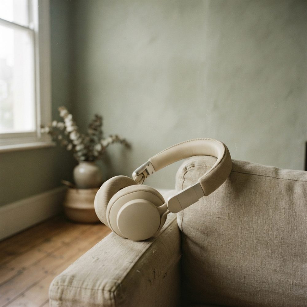 Auriculares sem fios bege apoiados no braço de um sofá bege com luz natural
