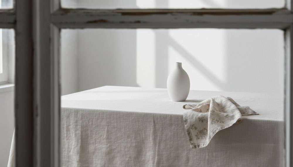 Mesa com toalha de linho bege, vaso cerâmico branco e pano com padrão floral em ambiente claro