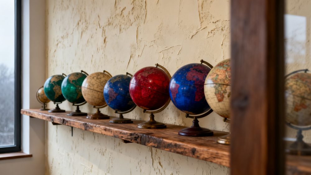 Linha de globos terrestres coloridos sobre prateleira de madeira rústica junto a parede texturada