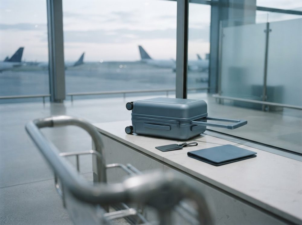 Mala cinzenta compacta, tablet e etiqueta em banco no aeroporto com aviões ao fundo