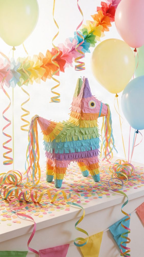 Piñata de burrinho colorido com balões e decoração festiva em mesa com confetes