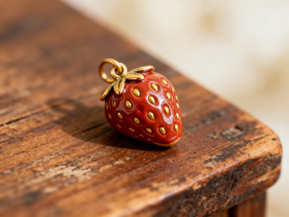 Pendente em forma de morango com esmalte vermelho e detalhes dourados sobre madeira