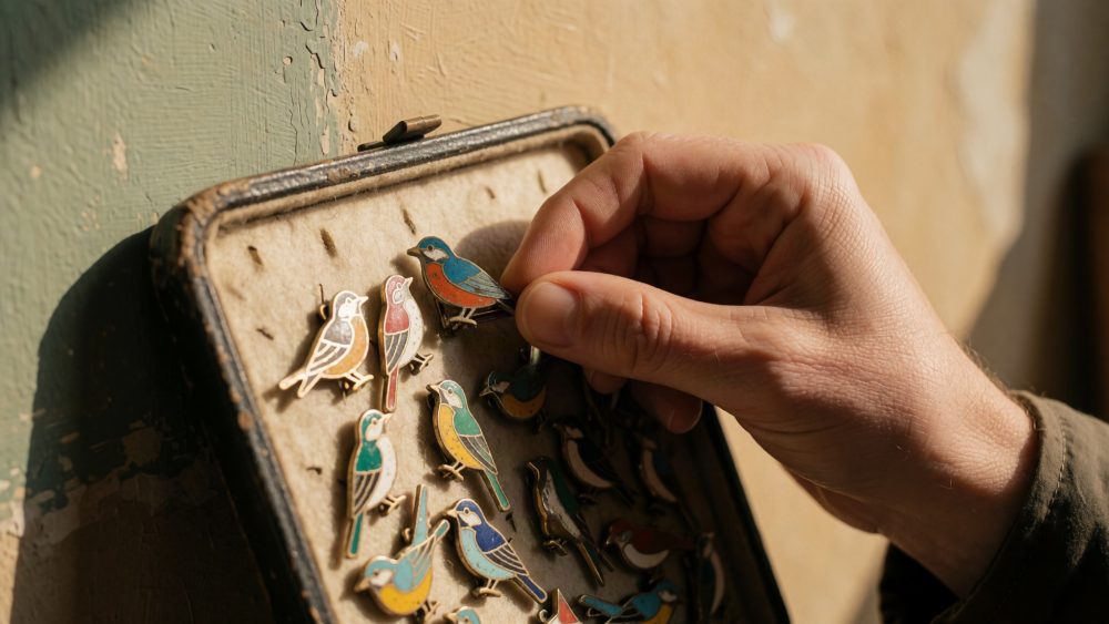 Mão a selecionar pin de pássaro colorido num estojo vintage de colecionismo