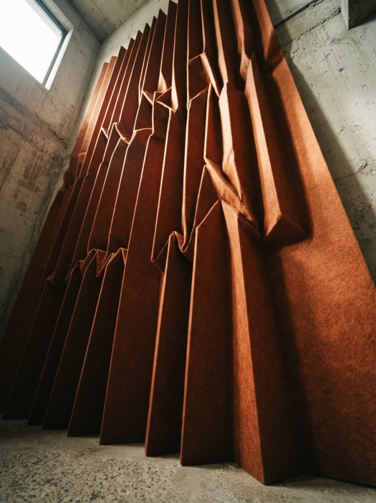 Painel artístico grande em tecido com dobras angulares castanho num espaço iluminado por janela