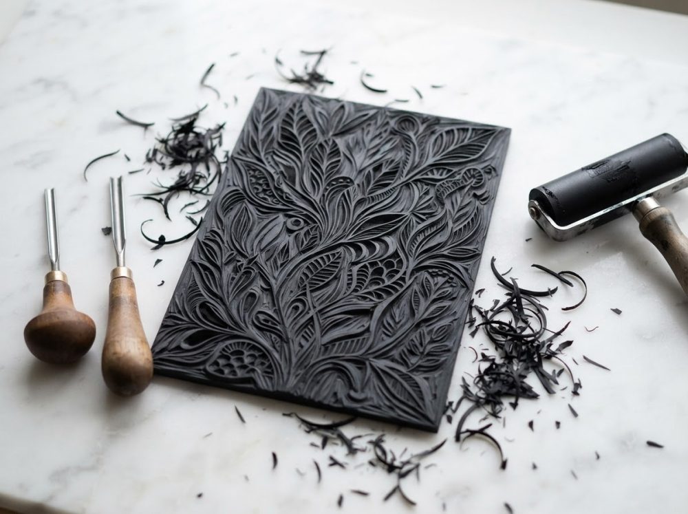 Placa de borracha entalhada com padrão floral, goivas e rolo sobre mesa branca