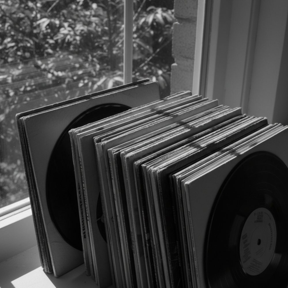 Discos vinil vintage encostados numa janela com luz natural e folhas no fundo