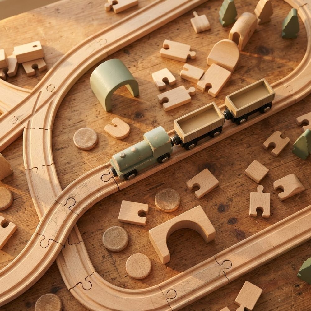 Comboio de madeira sobre pista circular com peças de montagem e árvores de brinquedo