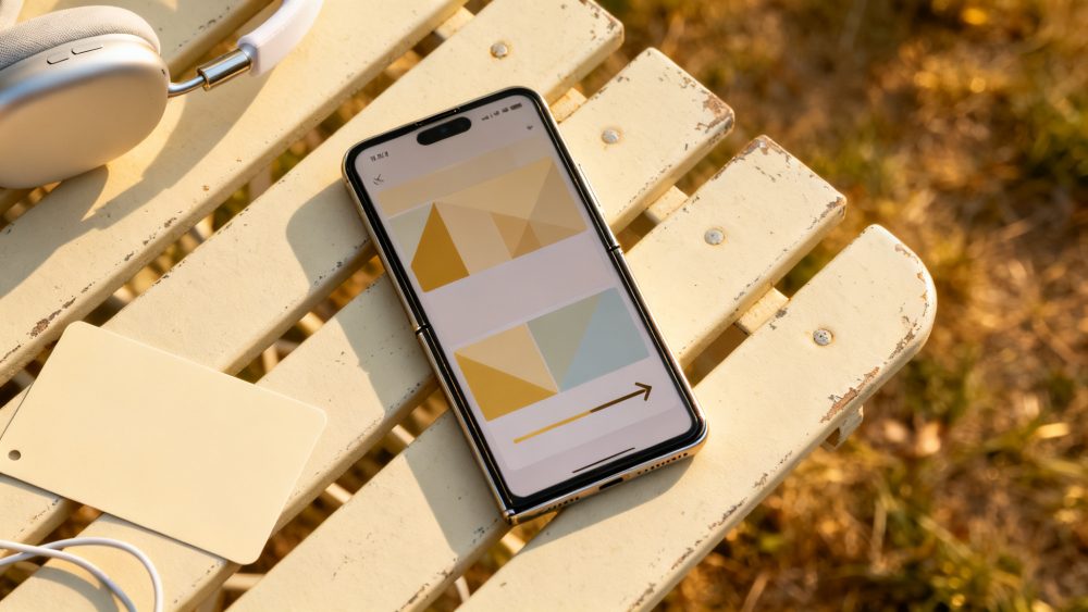 Smartphone com gráficos no ecrã sobre banco amarelo com fones brancos e cartão