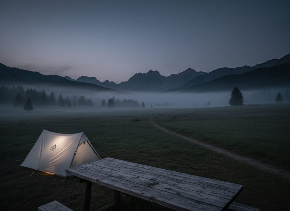 Tenda iluminada num campo nevoento com mesa de madeira e montanhas ao fundo ao anoitecer