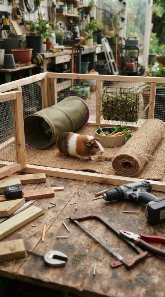 Porquinho-da-índia num espaço de madeira com brinquedos e comida numa oficina cheia de ferramentas