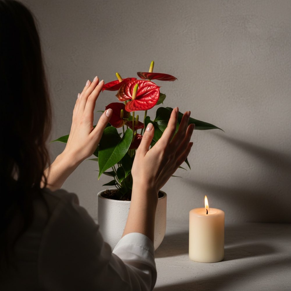 Mãos femininas perto de planta de antúrio vermelho em vaso branco com vela acesa ao lado
