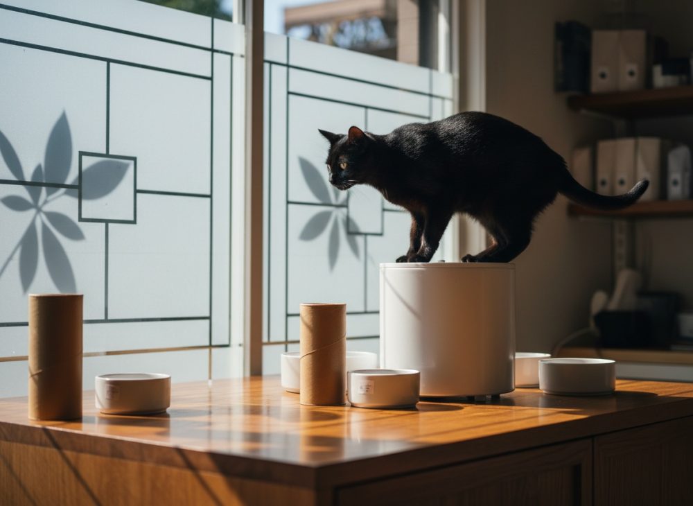 Gato preto em cima de recipiente branco numa mesa de madeira iluminada por luz natural