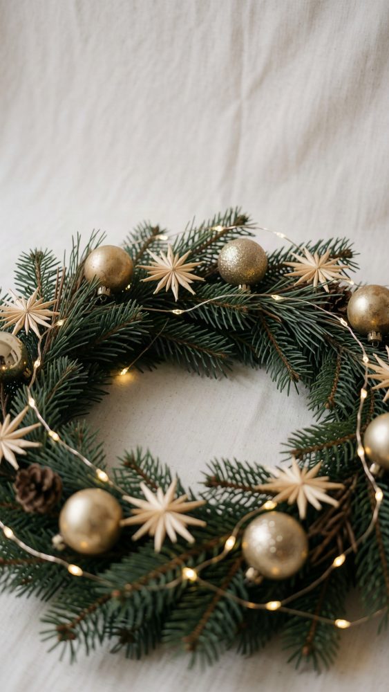 Coroa de Natal com ramos verdes, bolas douradas, estrelas em madeira e luzes LED.