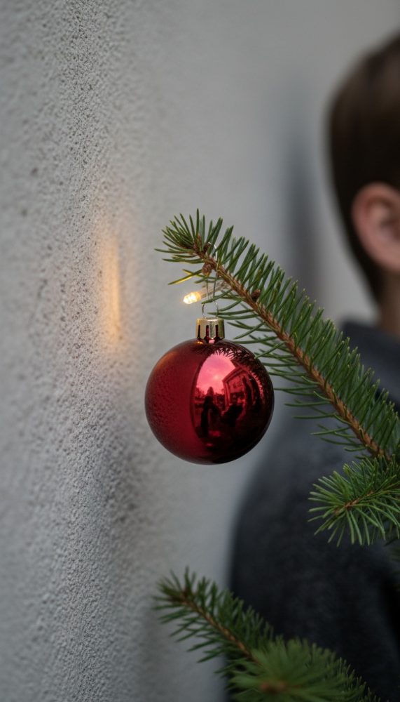 Bola de Natal vermelha pendurada num ramo de pinheiro com luz LED e fundo cinzento