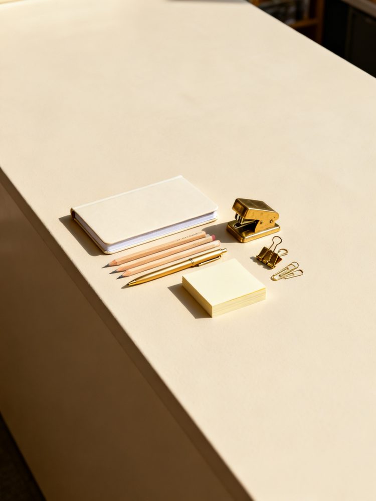 Conjunto de papelaria com caderno, lápis, caneta, bloco de notas e acessórios dourados sobre mesa bege