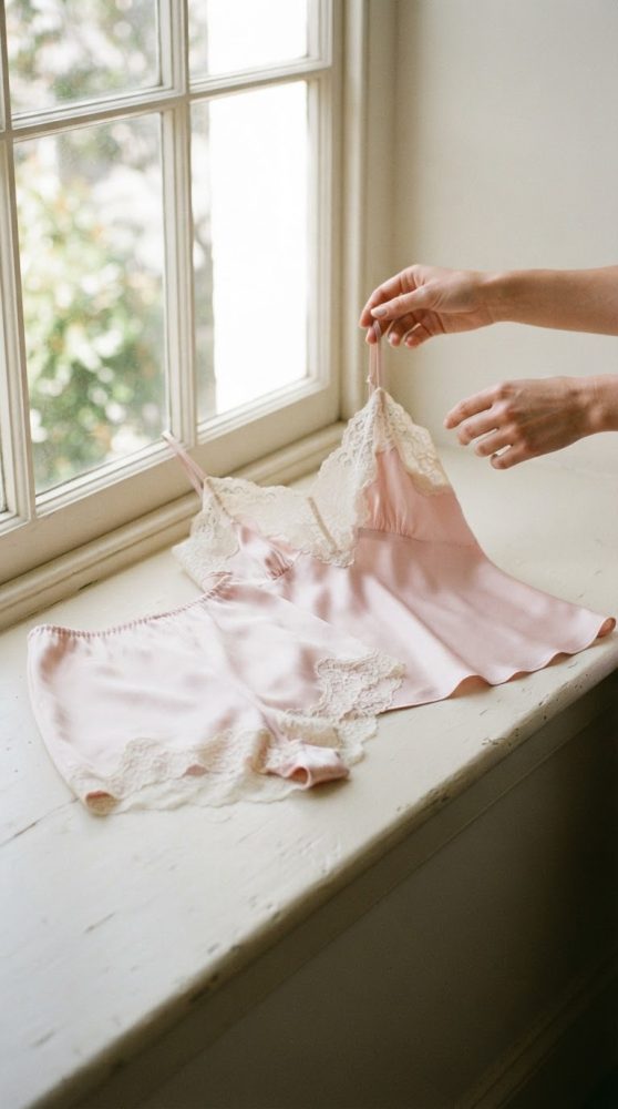 Conjunto de lingerie rosa claro com renda creme colocado em peitoril de janela iluminada