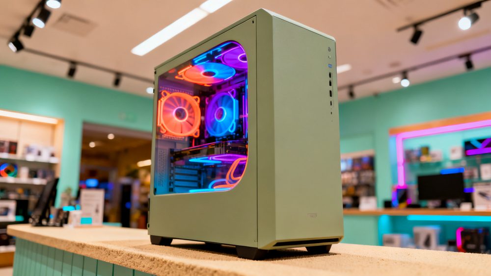 Computador gaming com ventoinhas RGB coloridas numa loja tecnológica moderna