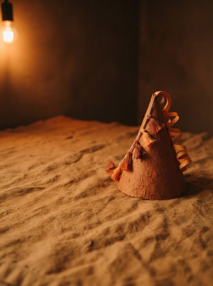 Chapéu de festa em tons quentes com pompons e fitas encaracoladas sobre tecido rústico iluminado por luz amarela.
