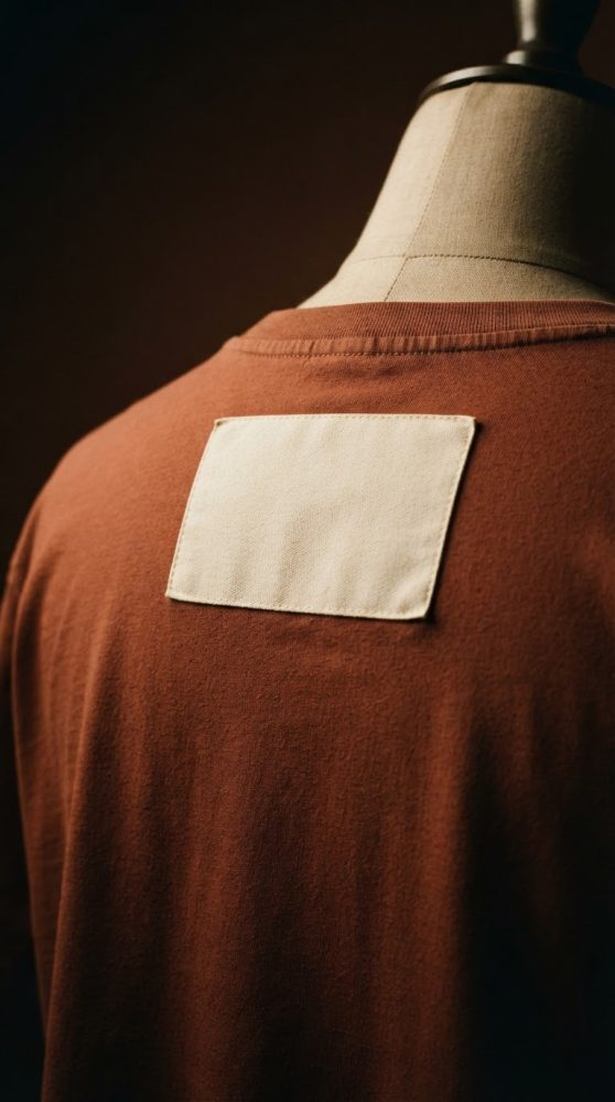 Detalhe das costas de uma t-shirt castanha com etiqueta branca num manequim