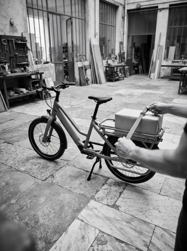 Bicicleta urbana com caixa presa ao suporte traseiro numa oficina com chão de pedra