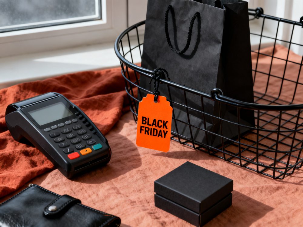 Cesta metálica preta com saco e etiqueta Black Friday, máquina de pagamento e carteira preta.
