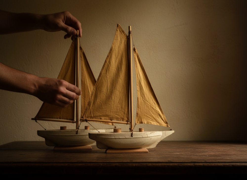 Duas mãos ajustam barcos de vela de madeira com velas castanhas sobre mesa de madeira