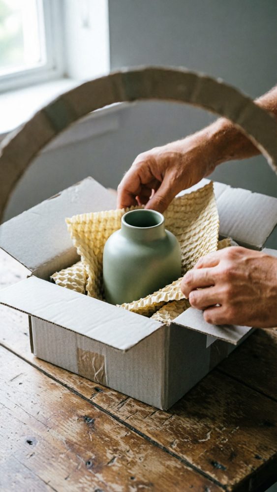 Mãos a embalar vaso cerâmico verde numa caixa de cartão com papel almofadado amarelo.