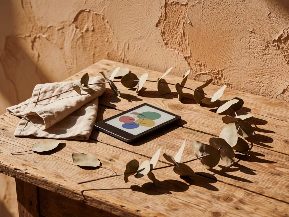 Tablet com design no ecrã sobre mesa de madeira e ramos secos em círculo