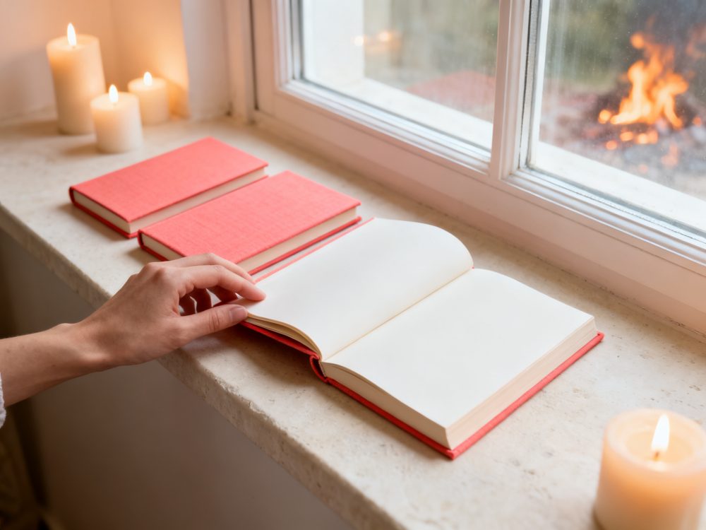 Mão a folhear livro de capa vermelha junto a janela com velas acesas num ambiente acolhedor