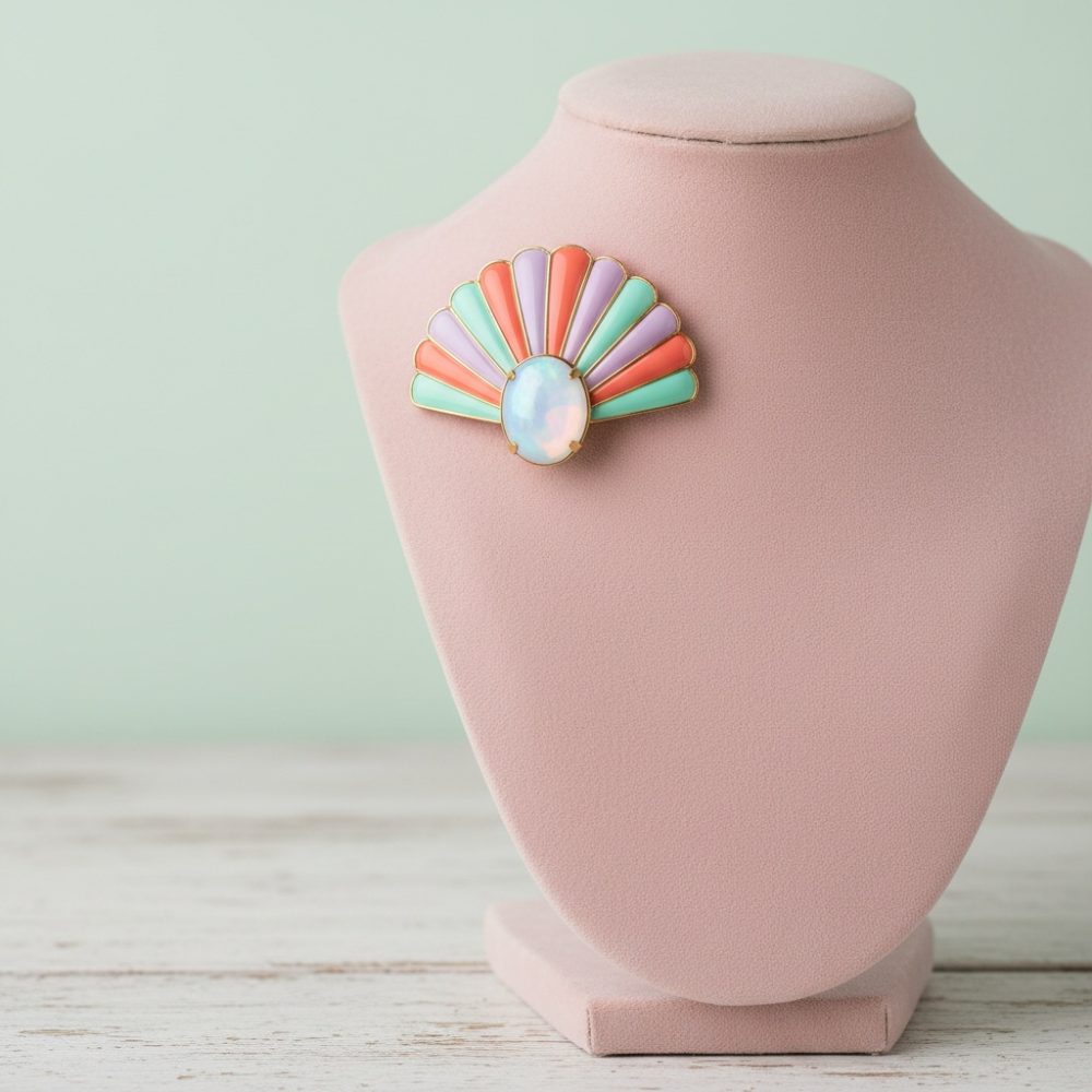 Broche em leque com pedras pastel e pedra central opalina num busto rosa