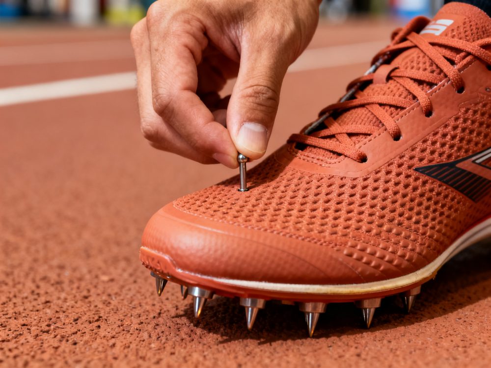 Mão a prender cravo a sapatênis vermelho para corrida em pista de atletismo