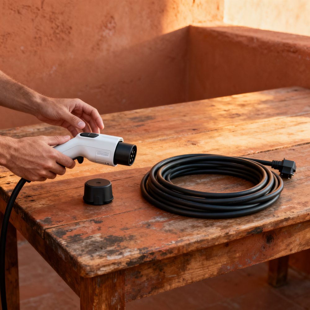 Mãos seguram cabo de carregamento tipo 2 para veículos elétricos sobre mesa de madeira rústica