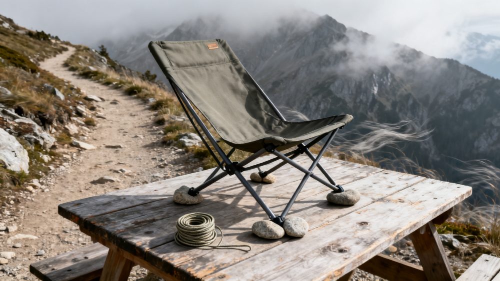 Cadeira de campismo verde sobre mesa de madeira num monte com neblina e caminho de terra