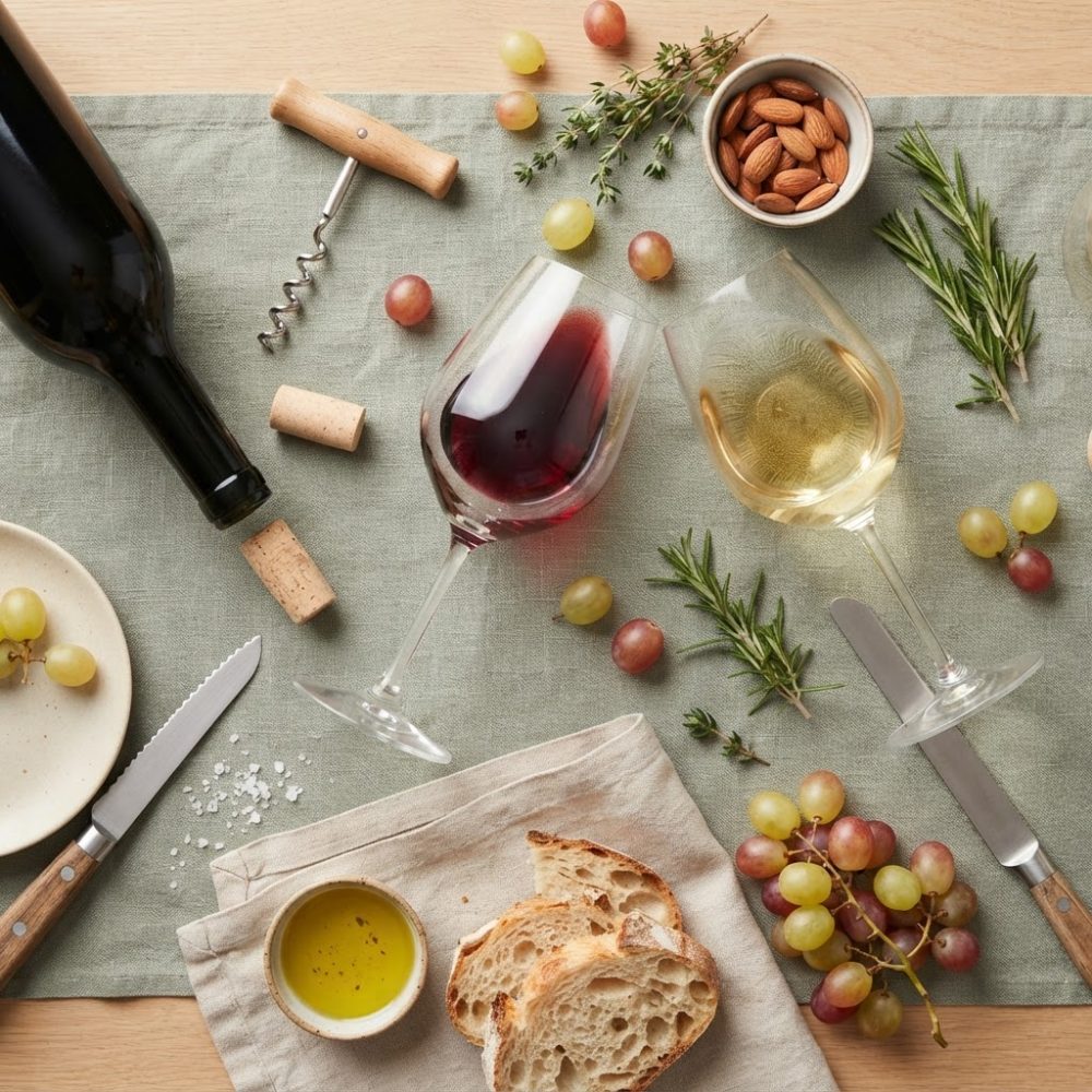 Copos de vinho tinto e branco com uvas, pão, amêndoas e utensílios sobre mesa de madeira clara