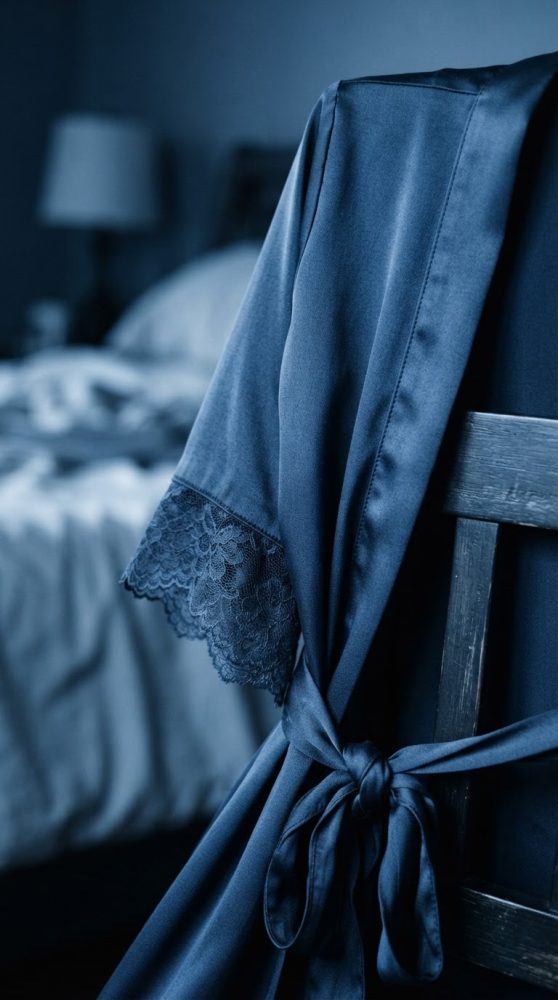 Robe azul de cetim com renda pendurado numa cadeira num quarto com cama ao fundo