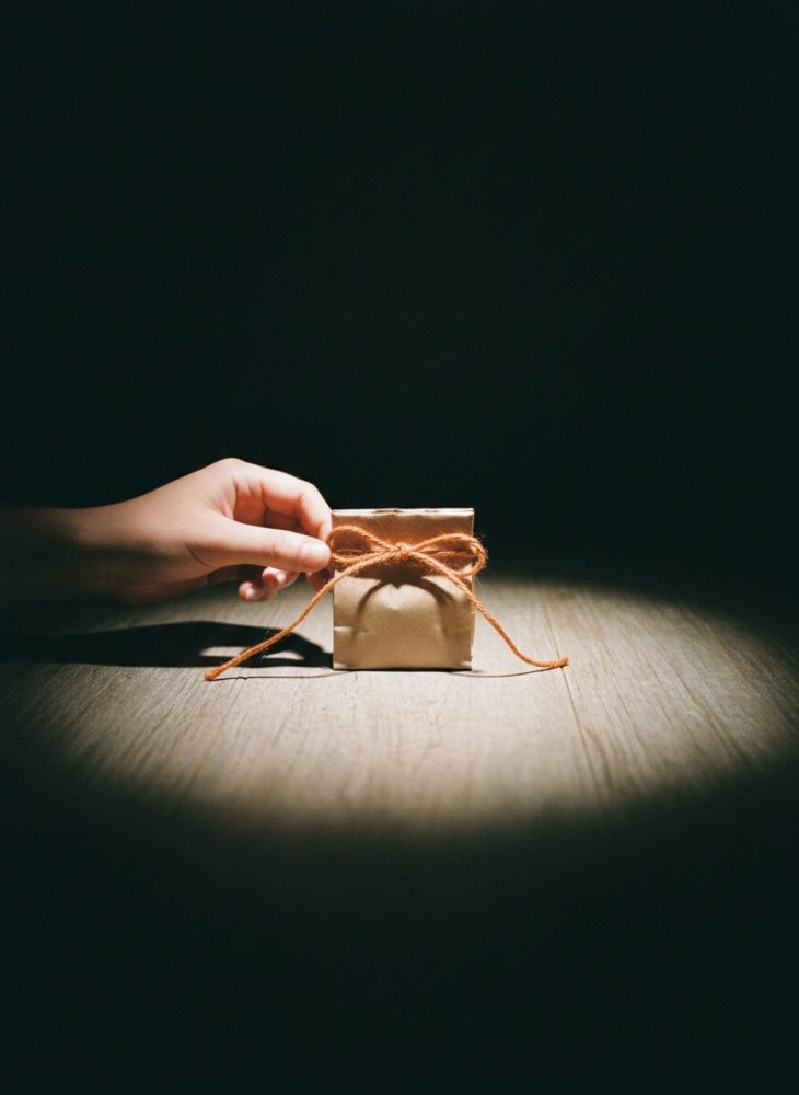Mão segurando pequena embalagem castanha com fita de corda rústica sobre mesa de madeira clara